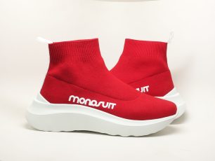 Red knitted sneaker with custom sole