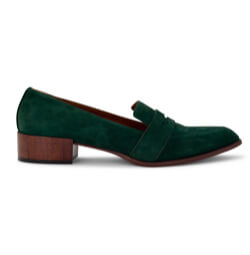 Women loafer in green suede with block wood heel